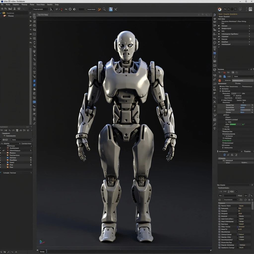 Stylized bot character rig scene file preview, Octane render.